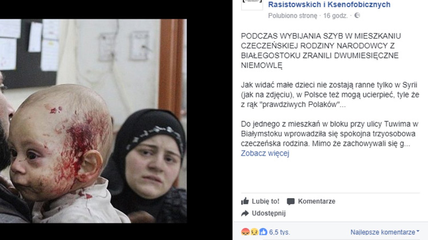 W facebookowym poście Ośrodka Monitorowania Zachowań Rasistowskich i Ksenofobicznych bez żadnego wytłumaczenia wydarzenia z 2013 roku w Polsce zilustrowano zdjęciem ofiar wojny w Syrii. Informacje o tym dodano dopiero, gdy wybuchła burza.
