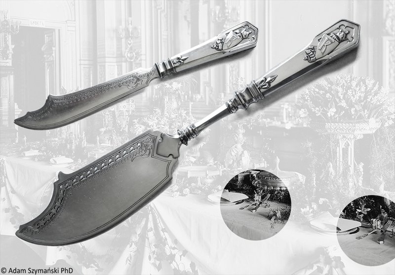 1. Odnalezione części zastawy Kelchów na tle jej archiwalnego zdjęcia z 1902 r.