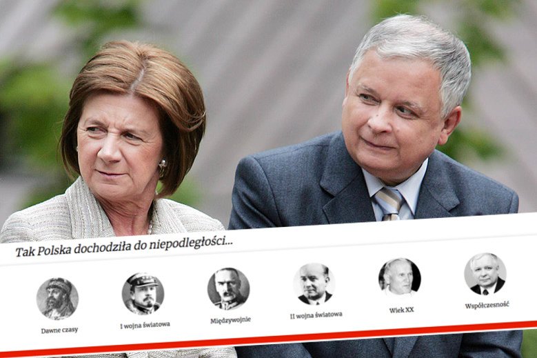 Lech Kaczyński ukazany jest jak ten, który doprowadził Polskę do niepodległości.