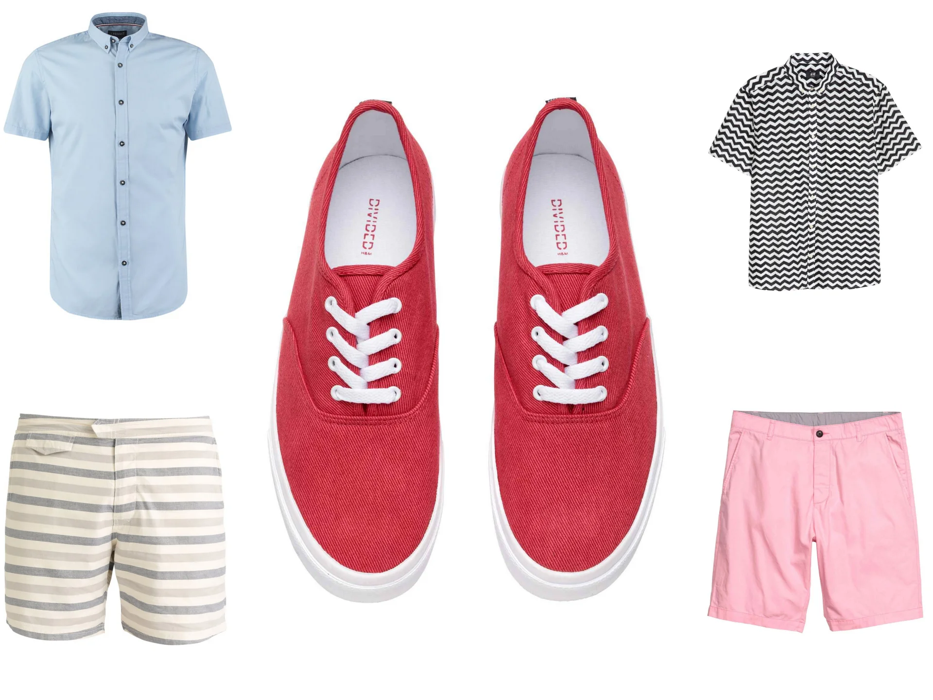 od lewej: koszula ZALANDO 94 zł, trampki 79,90 H&M, koszula 49,90 H&M, szorty w paski Pier One 64 zł, szorty H&M 39,90