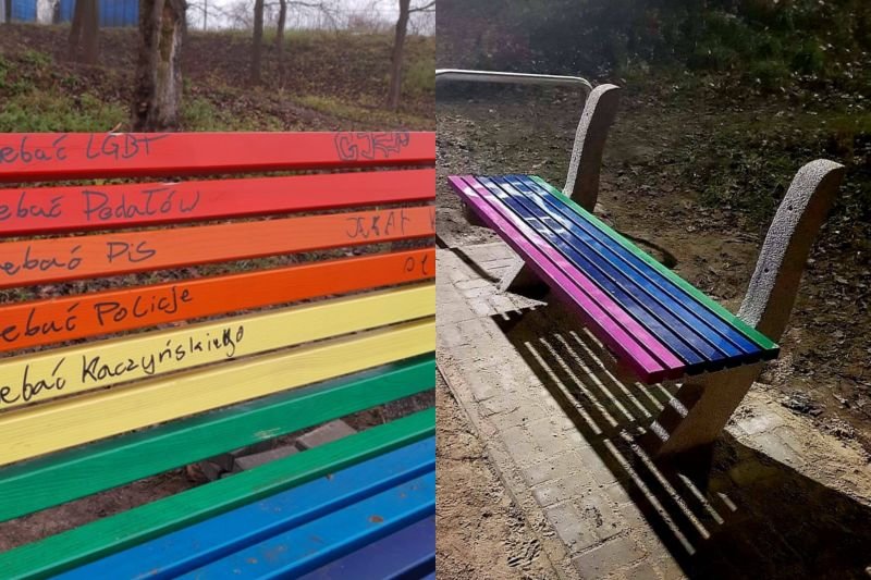 Tęczowe ławki w Kielcach zostały zdewastowane przez wandali