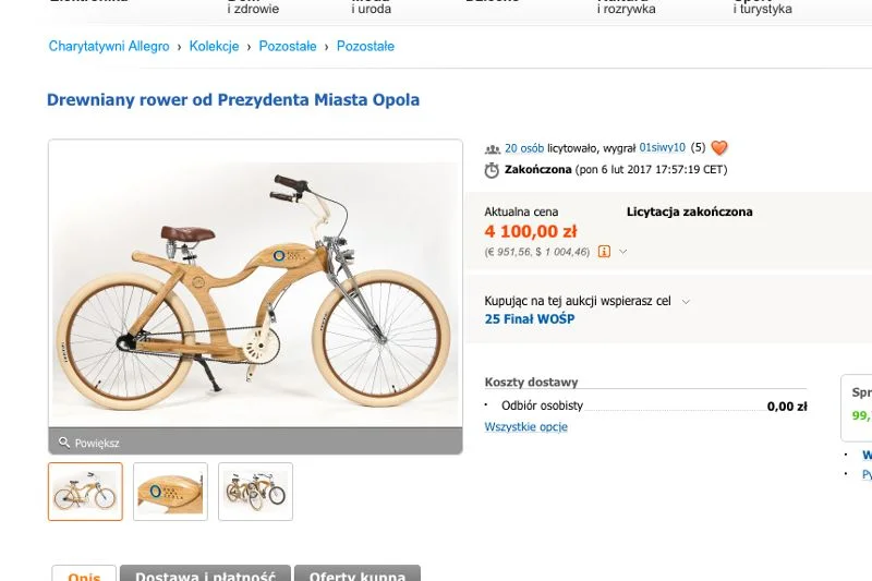 Drewniany rower od prezydenta Opola za 4 100 zł