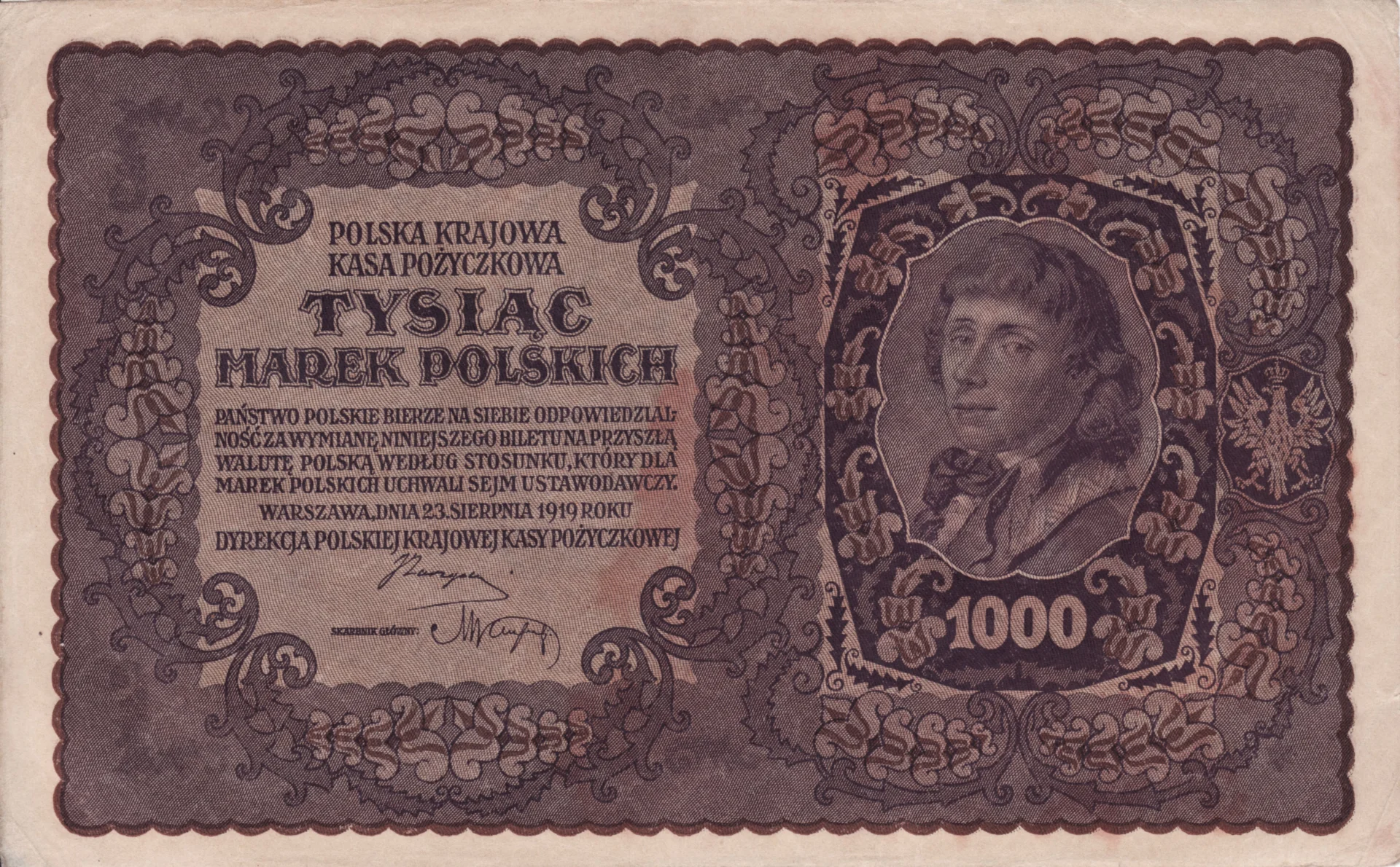 Banknot o nominale 1000 marek polskich, emitowany przez Polską Krajową Kasę Pożyczkową.