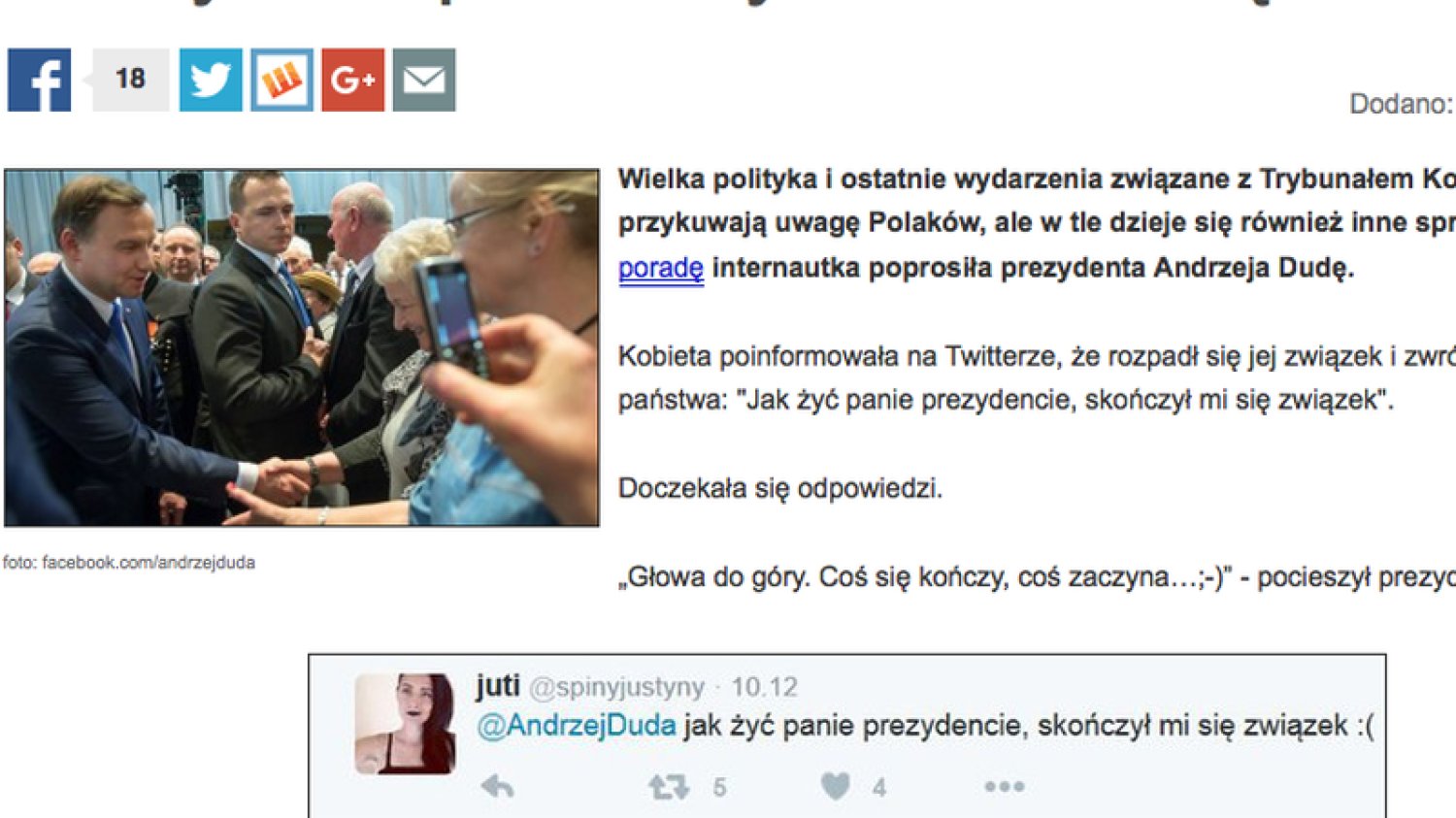 Prawicowy serwis napisał o błahym wpisie Andrzeja Dudy na Twitterze
