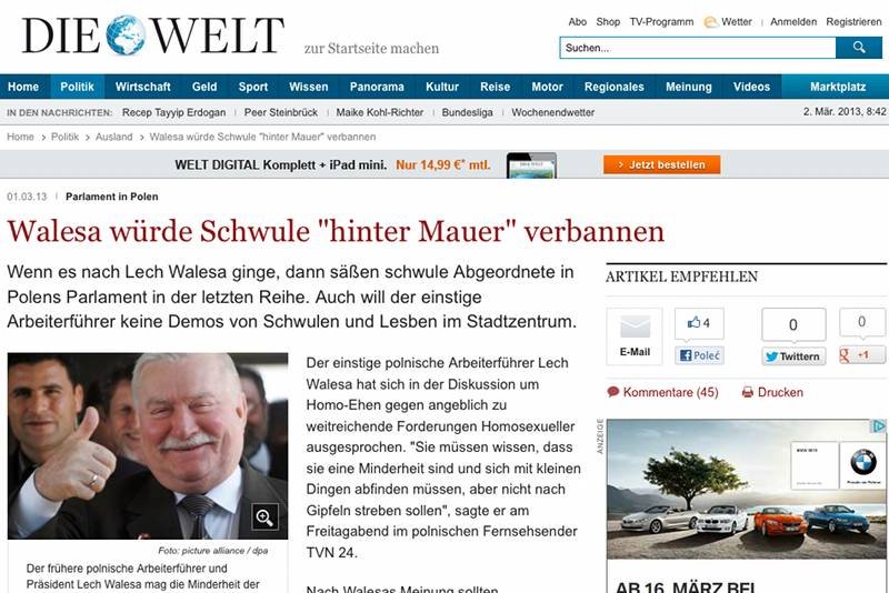 Zagraniczne media komentują wypowiedź Lecha Wałęsy na temat osób homoseksualnych.