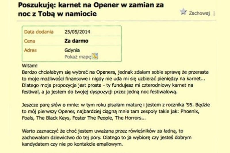 Seks i cnota za karnet na Openera. Jakie odpowiedzi wpłynęły na fikcyjne ogłoszenie.