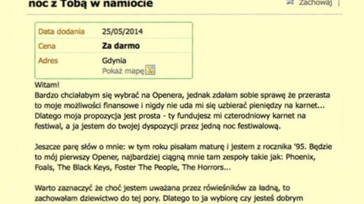 Seks i cnota za karnet na Openera. Jakie odpowiedzi wpłynęły na fikcyjne ogłoszenie.