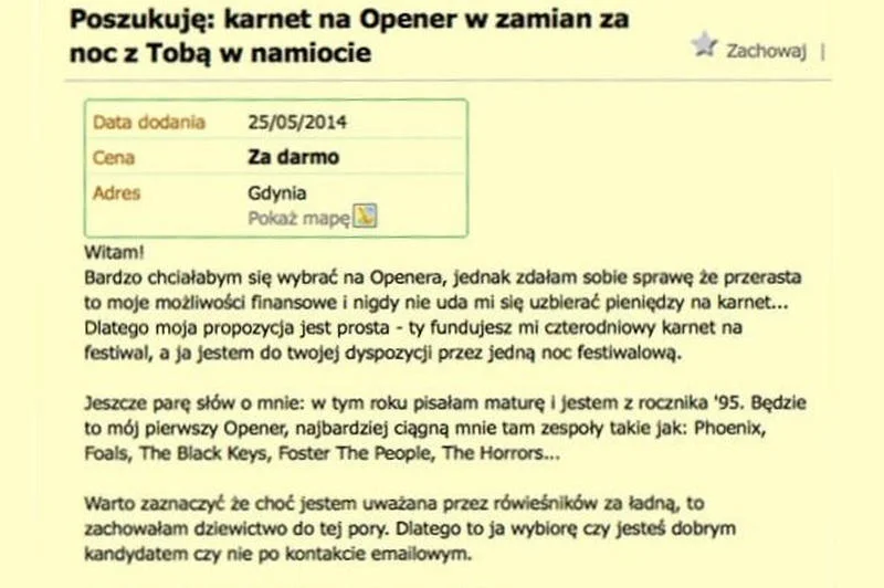 Seks i cnota za karnet na Openera. Jakie odpowiedzi wpłynęły na fikcyjne ogłoszenie.