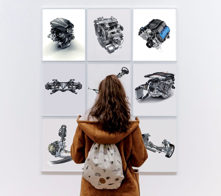 na zdjęciach od lewej: (góra) Silnik 3.0 V6 Twin-Turbo (Infiniti); Dwusprzęgłowa skrzynia biegów TCT (Alfa Romeo); Silnik 5.0 V8 (Ford Mustang Boss 302); (środek) Zawieszenie tylne (Porsche Cayenne); Układ kierowniczy (Mercedes-Benz GL); Silnik 4.0 V8 TDI