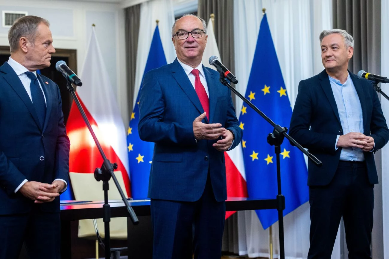 Włodzimierz Czarzasty i Robert Biedroń z Nowej Lewicy oraz przewodniczący PO Donald Tusk.