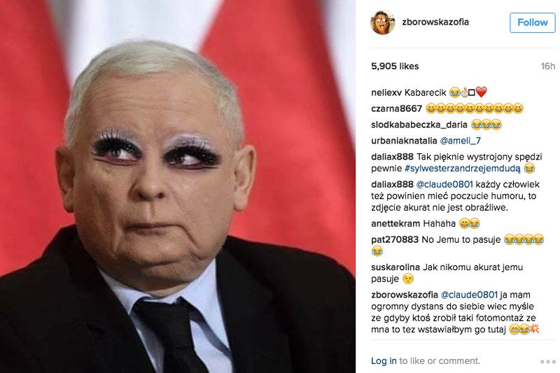 Jarosław Kaczyński w sylwestrowym makijażu – zdjęcie na Instagramie Zosi Zborowskiej.