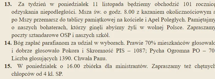 W 14. punkcie ogłoszeń parafialnych ksiądz dziękuje parafianom za głosowanie na Pokorę i Skromność.