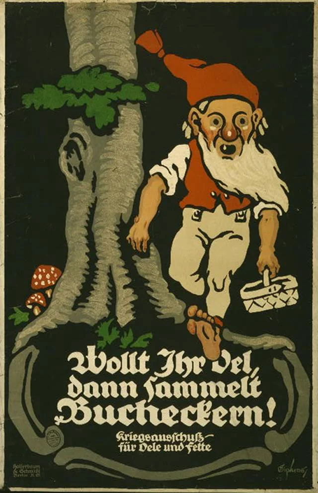 Rok 1917. Plakat zachęcający do zbierania nasion buka, z których robiono olej