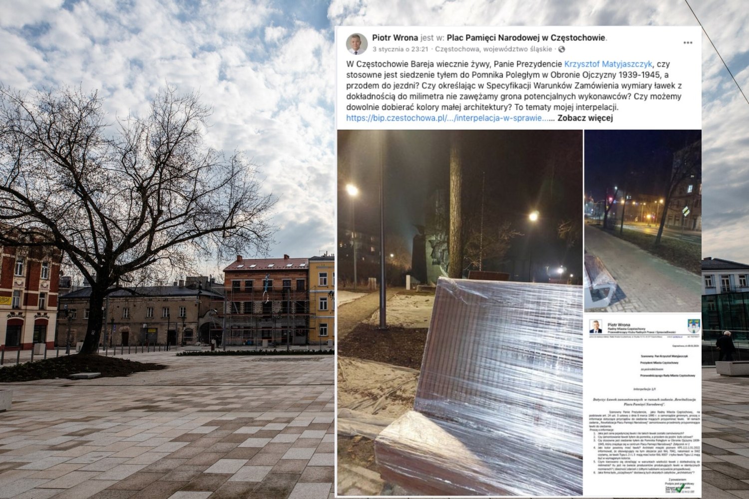 Radnemu PiS nie podobają się ławki na rewitalizowanym placu w Częstochowie.