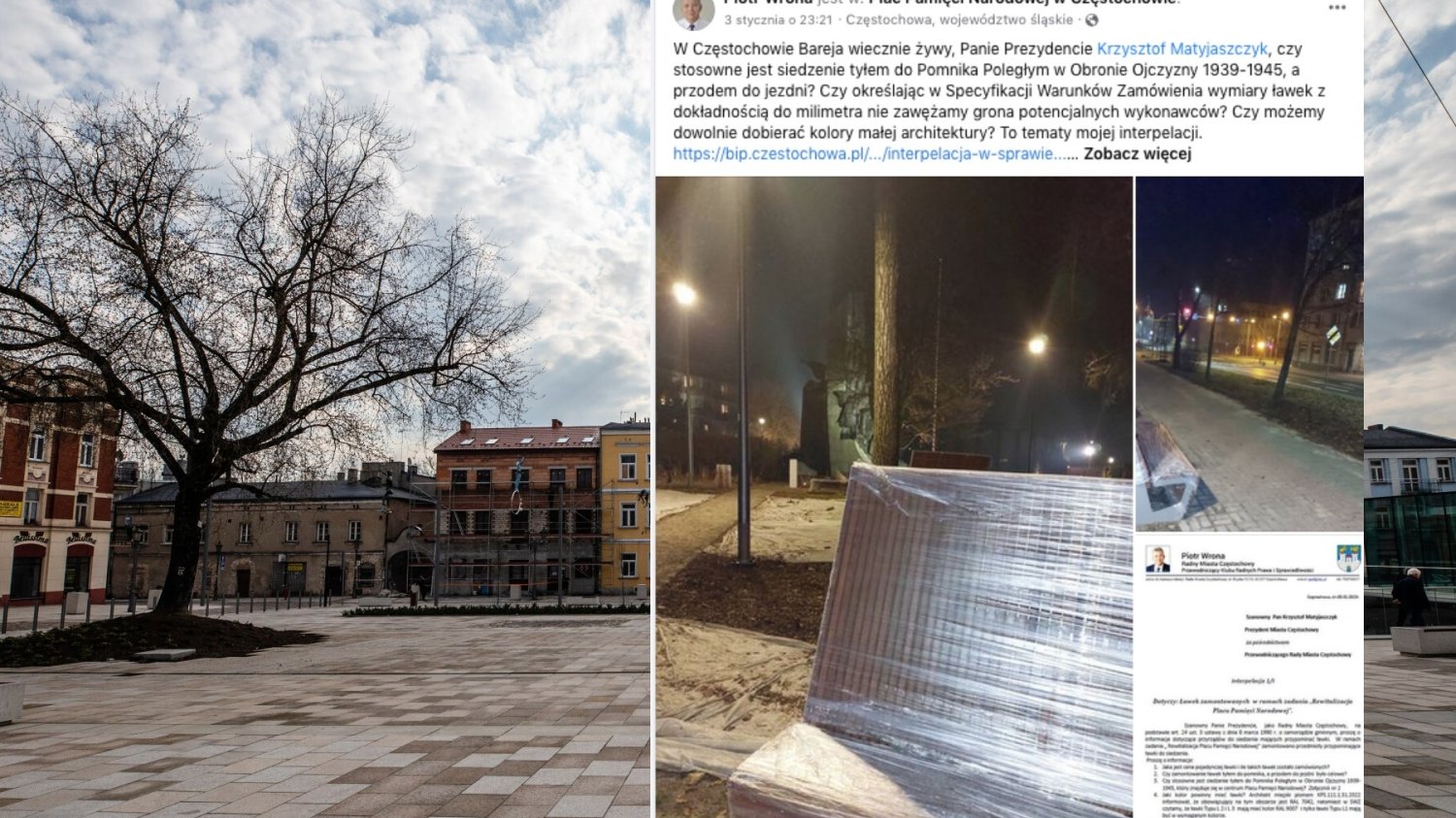 Radnemu PiS nie podobają się ławki na rewitalizowanym placu w Częstochowie.