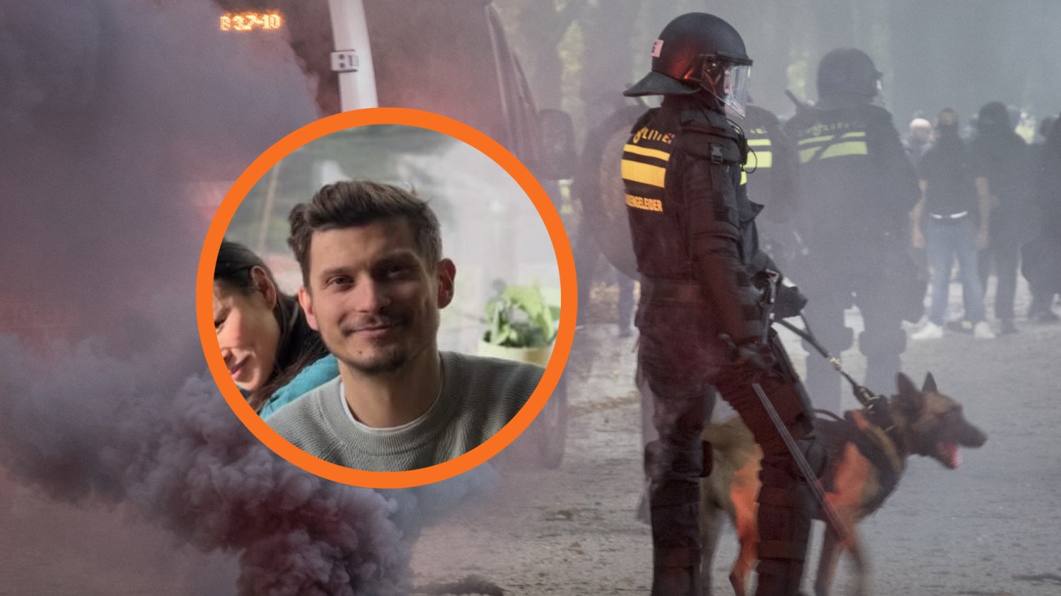 W tle: policja belgijska w trakcie protestów. W ramce: Michał Mytkowski, restaurator z Brukseli.