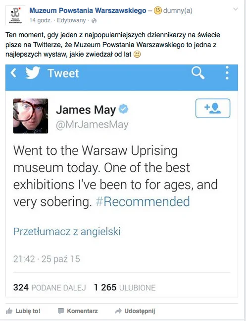 Muzeum Powstania Warszawskiego chwali się postem Maya na swoim Facebooku