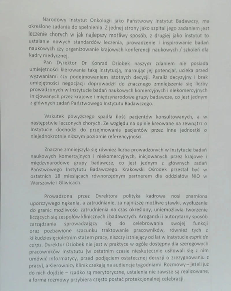 Fragment pisma pracowników w sprawie dyrektora Dziobka, które zostało przekazane mediom.