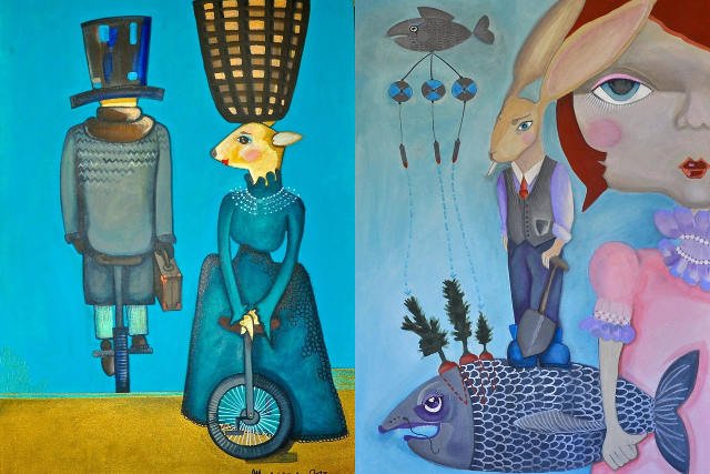 Acryle na płótnie Magdaleny Latosiewicz - tu wszystko jest możliwe, od kozy na monocyklu po uczłowieczonego zająca - fana tytoniu, sadzącego marchewki w rybie.