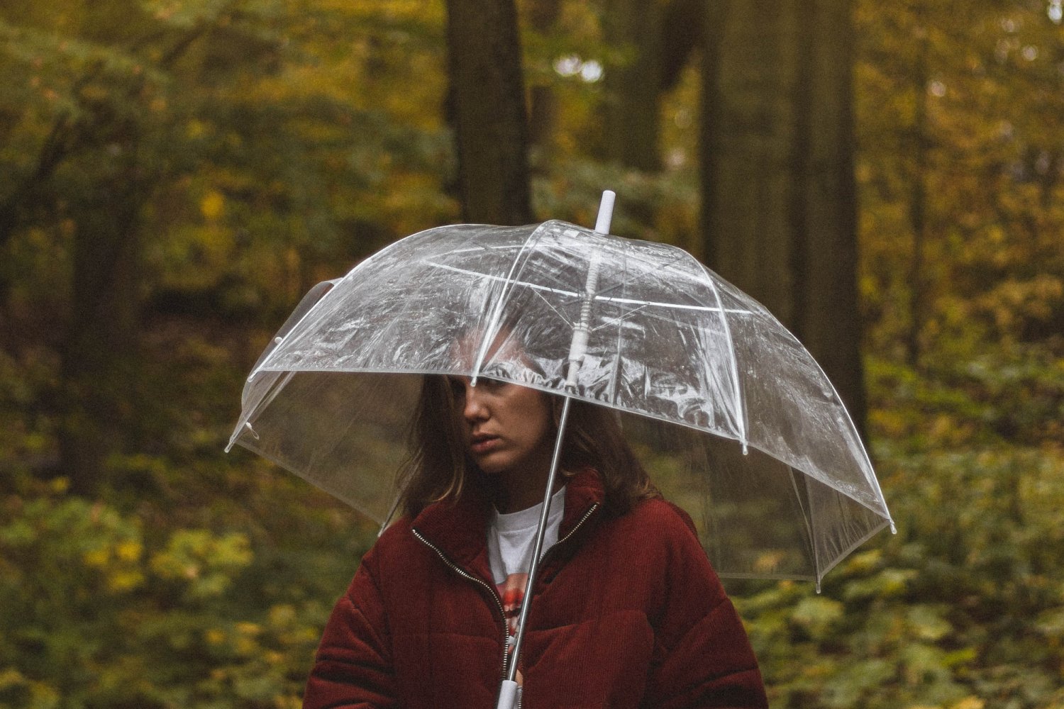 kobieta z parasolem w lesie jesienią