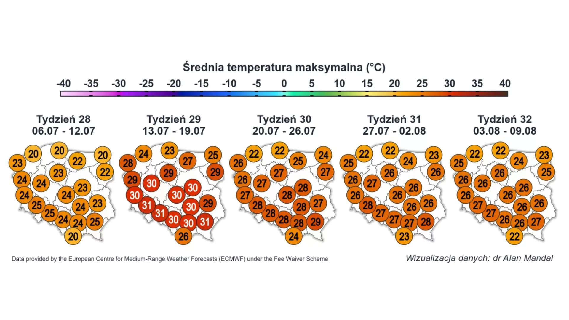 Kolejna fala upałów na horyzoncie. Nie odpoczniemy długo od wysokich temperatur mapa ogody dla Polski w lipcu
