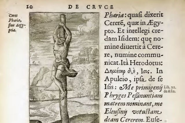 Ilustracja przedstawiająca pal męki, stauros, z książki Justusa Lipsiusa (1547-1606), „De Cruce, Libri Tres”, Adwerp, 1594, s. 10