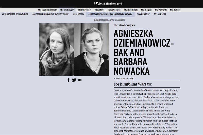 Agnieszka Dziemianowicz-Bąk z Partii Razem i Barbara Nowacka z Inicjatywy Polskiej znalazły się w gronie "Top Global Thinkers" prestiżowego magazynu "Foreign Policy".