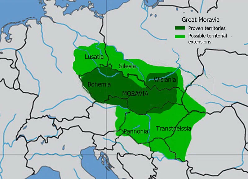Zarys terytorialny państwa wielkomorawskiego za czasów panowania Świętopełka.