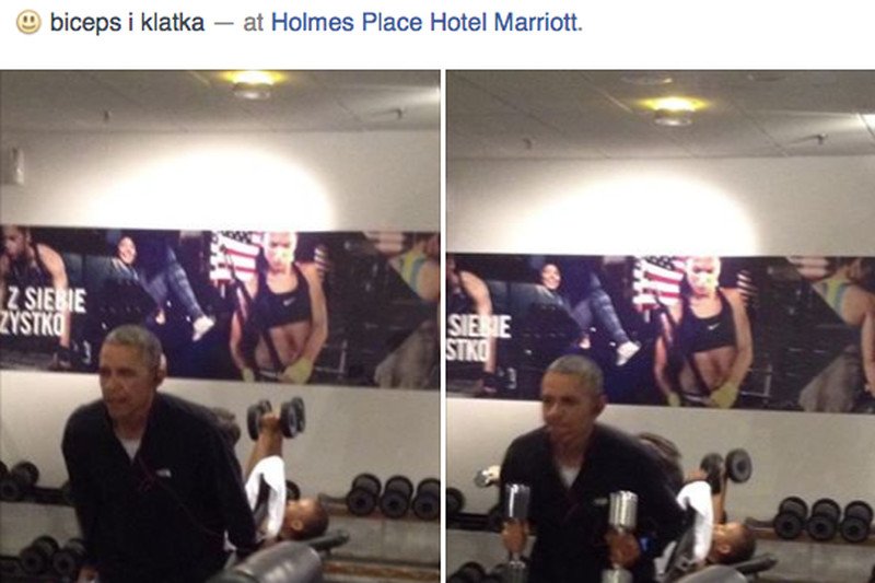Barack Obama na siłowni w hotelu.