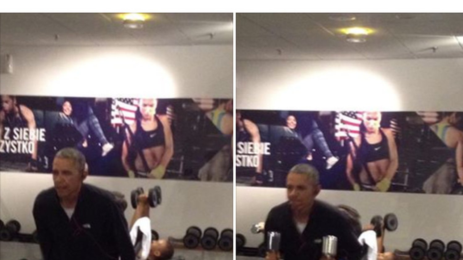Barack Obama na siłowni w hotelu.