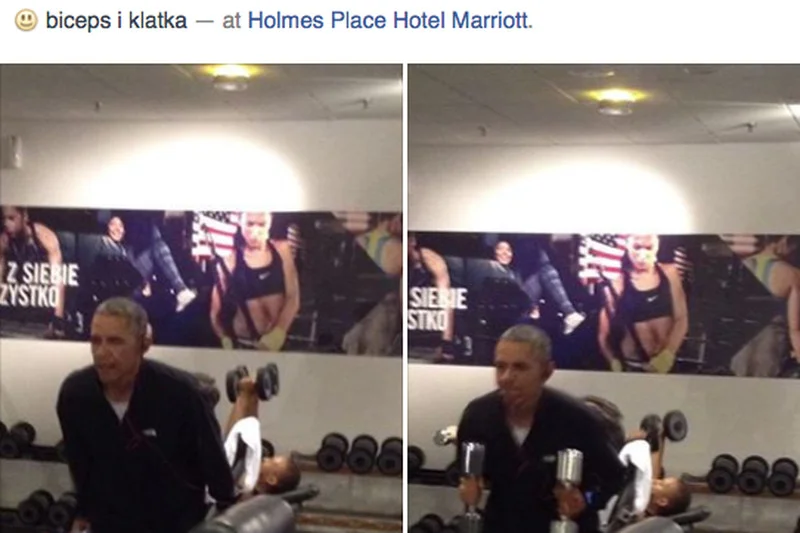 Barack Obama na siłowni w hotelu.