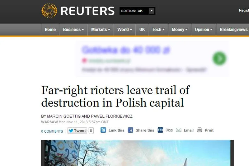 O zamieszkach w Warszawie obszernie donosi Reuters.