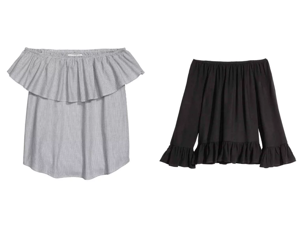 Falbanka u góry czy u dołu? Czarna bluzka - H&M 59,90 zł, szara bluzka w drobne prążki - H&M 59,90 zł
