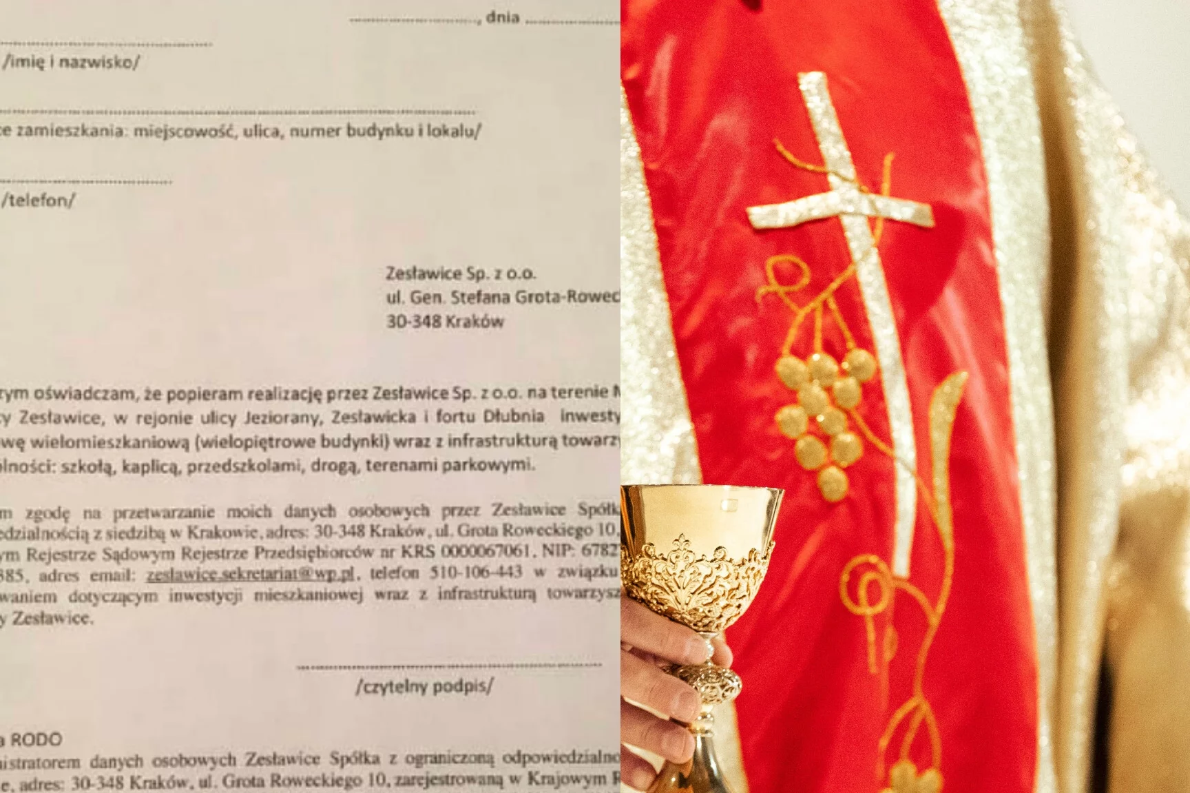 Proboszcz rozdawał po kolędzie ulotki popierające inwestycje w Zesławicach.