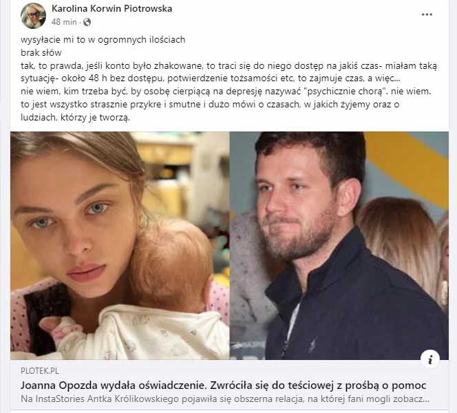 Karolina Korwin-Piotrowska wytyka kłamstwo Królikowskiemu. Wpisy o Opoździe