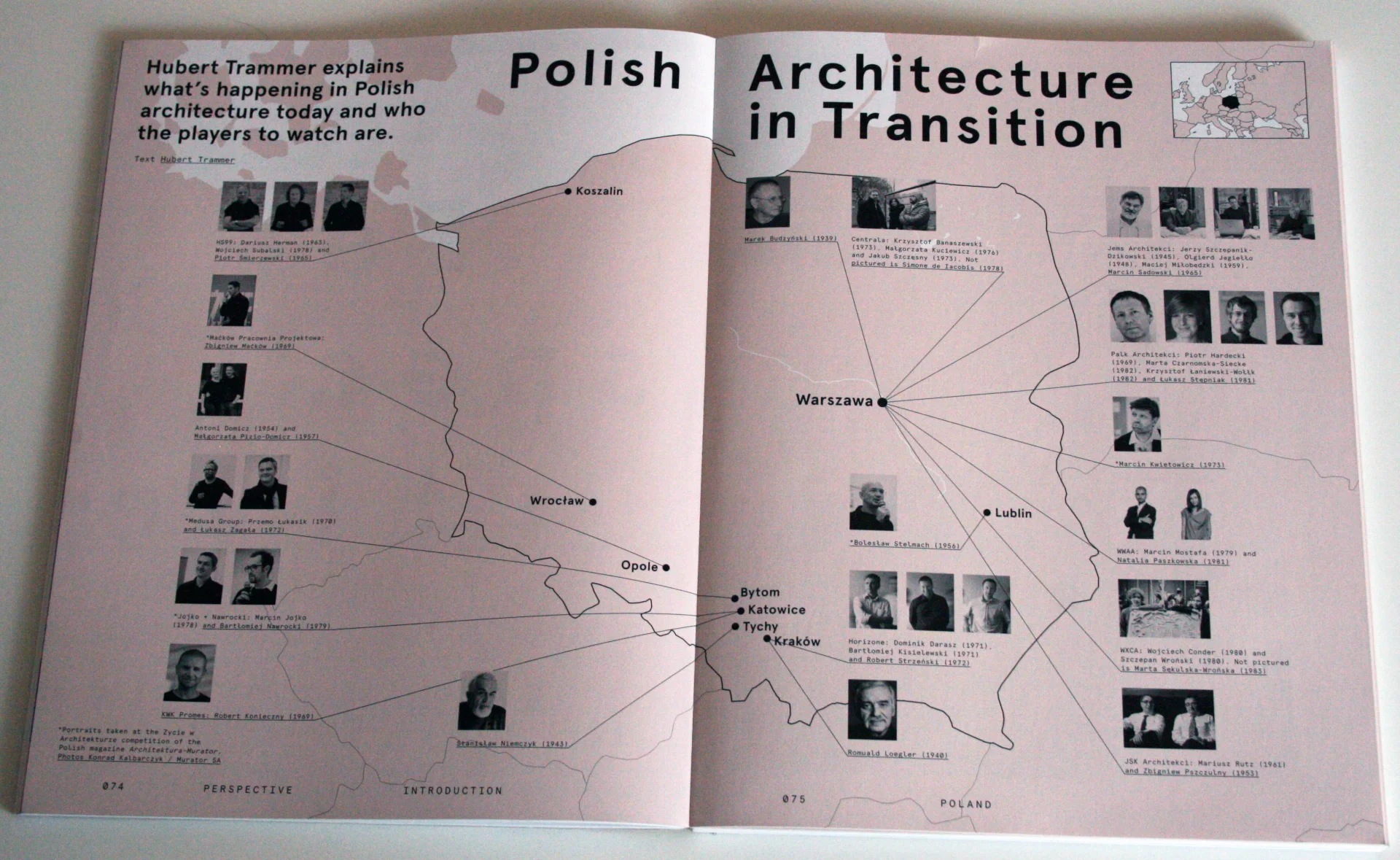 Na zdjęciu mapa z najbardziej znaczącymi, według Huberta Trammera, architektami w Polsce.