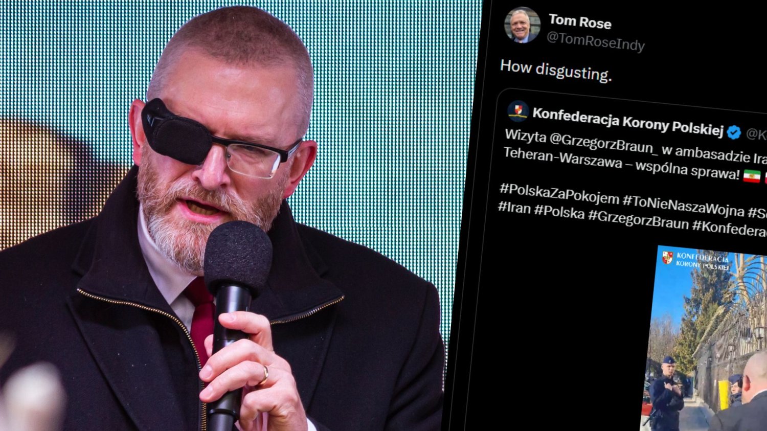 Grzegorz Braun pojawił się w ambasadzie Iranu. Ostra reakcja ambasadora USA Thomasa Rose'a. Braun
