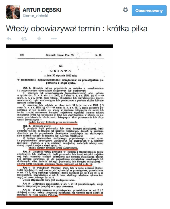 Fragment ustawy z 1920 r. poseł Dębski zamieścił na swoim koncie na Twitterze.