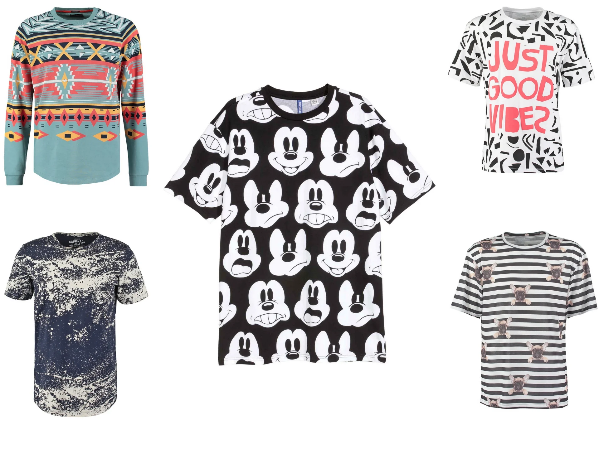 od lewej: sweter Jack & Jones 74,50, koszulka z Myszką Miki H&M 39,90, koszulka Your Turn 37 zł, koszulka Jack & Jones 74 zł, koszulka z wizerunkami psów Your Turn 89,40