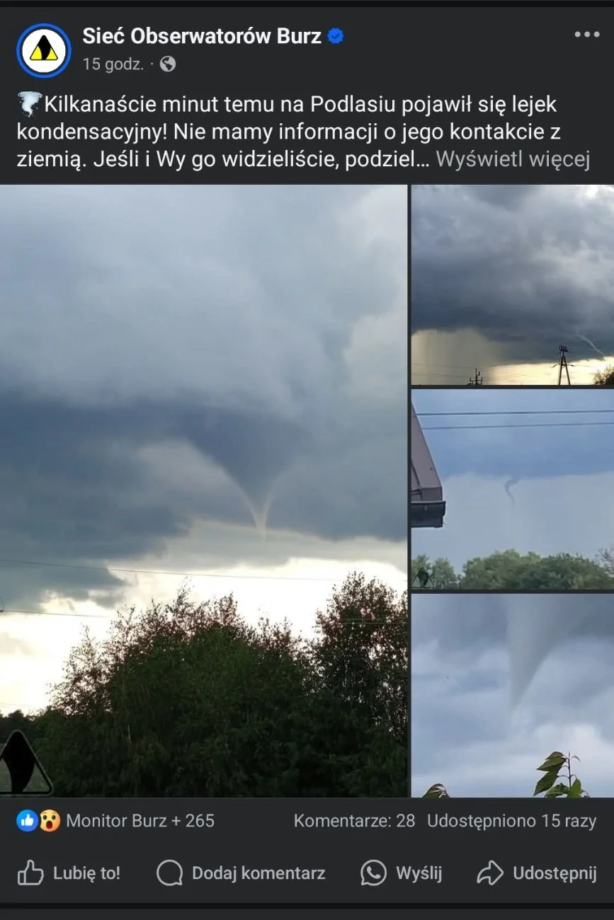 Zalążek tornada, czyli lej kondensacyjny na Podlasiu Lej kondensacyjny na Podlasiu