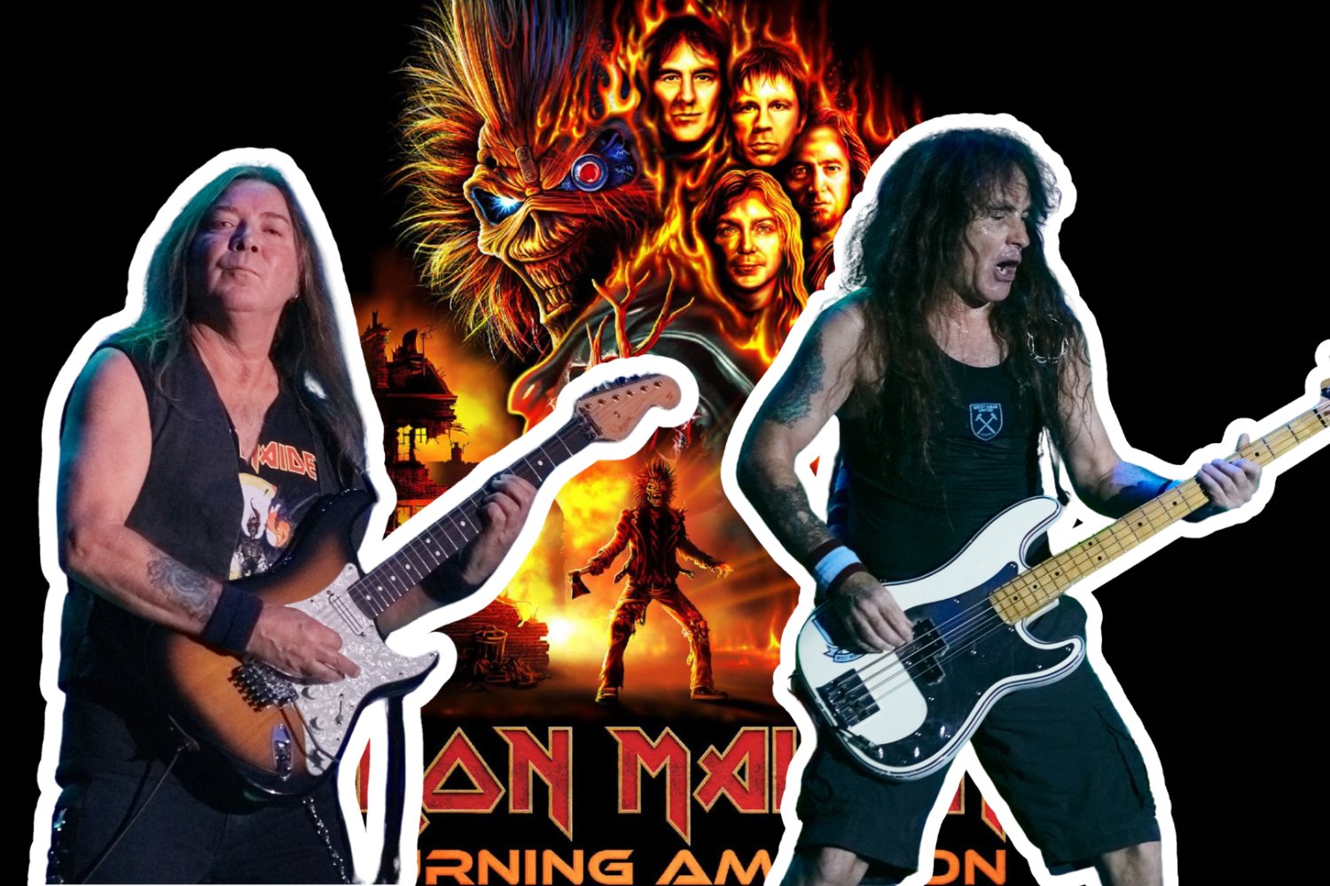 Muzycy Iron Maiden i plakat "Burning Ambition".