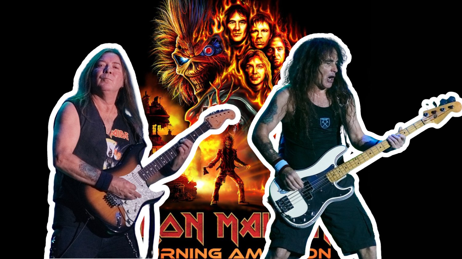 Muzycy Iron Maiden i plakat "Burning Ambition".