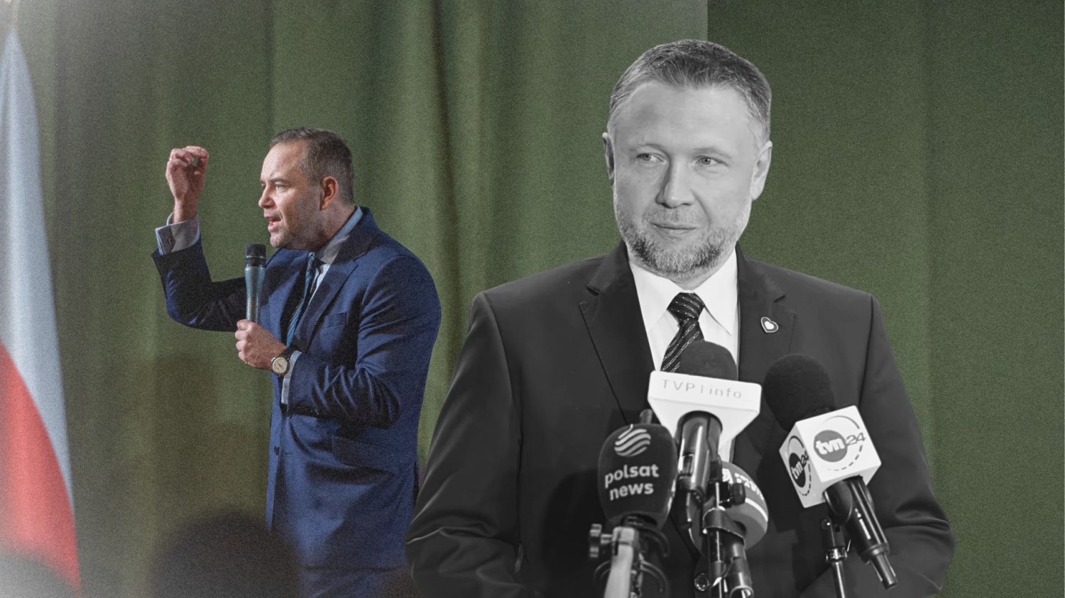 Szef MSWiA Marcin Kierwiński ocenił sytuację PiS i prezydenta Karola Nawrockiego. Szef MSWiA Marcin Kierwiński. W tle prezydent Karol Nawrocki na wiecu