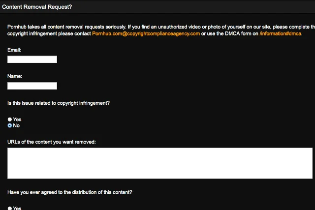 Fragment nowego formularza zgłaszania naruszeń, który przygotował portal Pornhub