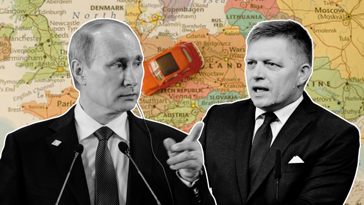 Fico leci do Putina. Spędzi dziesiątki godzin w podróży by się przed nim płaszczyć Władimir Putin i Robert Fico na tle mapy, na której znajduje się zabawkowe auto.