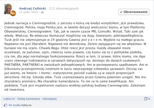 Andrzej Celiński porównuje Donalda Tuska do kamerdynera i nazywa zerem, jeśli premier nie zdymisjonuje Jarosława Gowina.