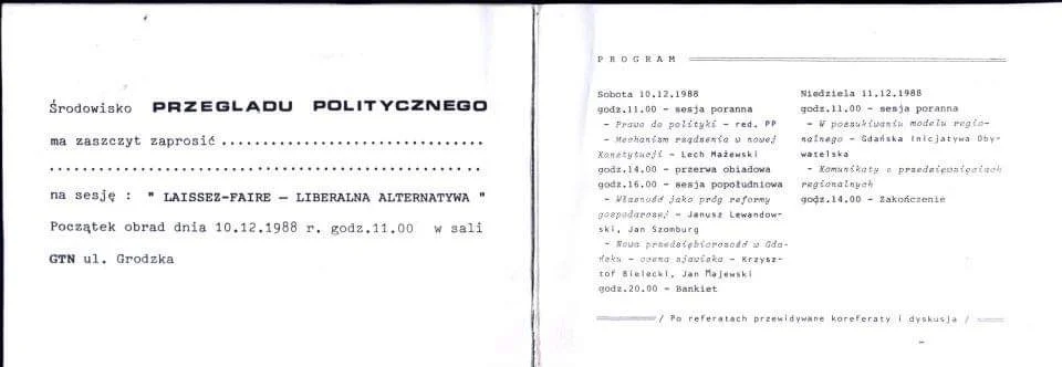 Zaproszenie na Gdański Kongres Liberałów, 10-11 grudnia 1988