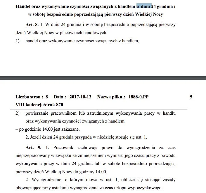Fragment Ustawy o ograniczeniu handlu w niedzielę i święta.