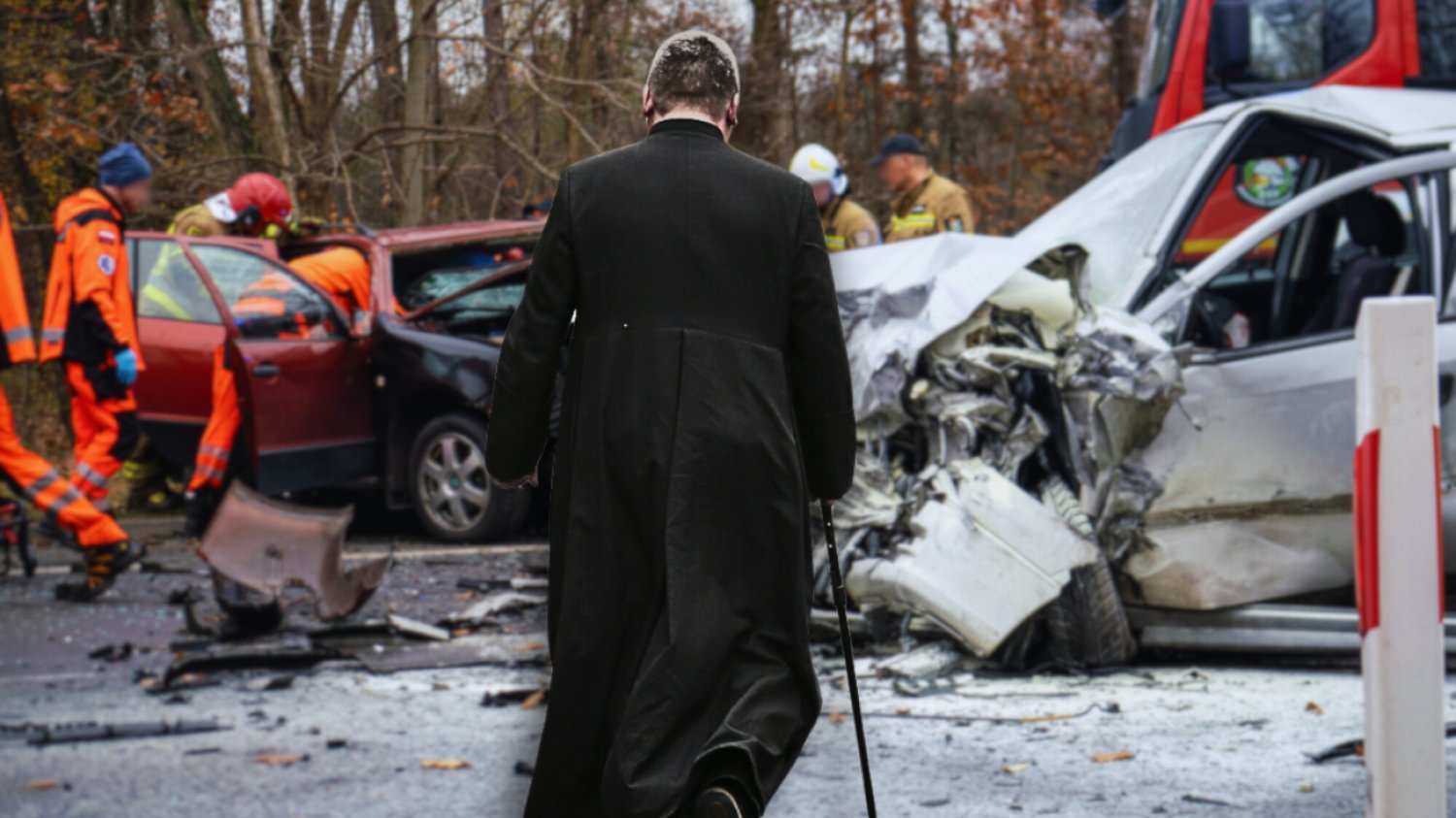 Ksiądz idzie w stronę wypadku samochodowego. W tle rozbite auto