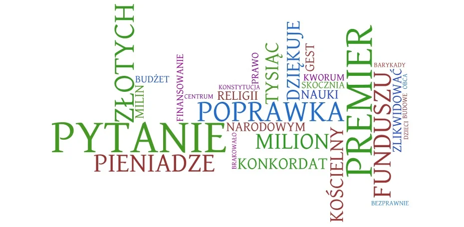 Członkowie Ruchu Palikota, Łukasz Krupa, Piotr Bauć, Roman Kotliński, Wincenty Elsner, Henryk Kmiecik, Armand Kamil Ryfiński najczęściej używali słów NIE, PYTANIE, PREMIER, ZŁOTYCH.